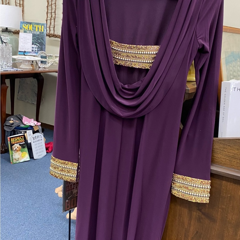 MARINA Purple Asymmetrical Ruched Long Sleeved Cocktail Dress